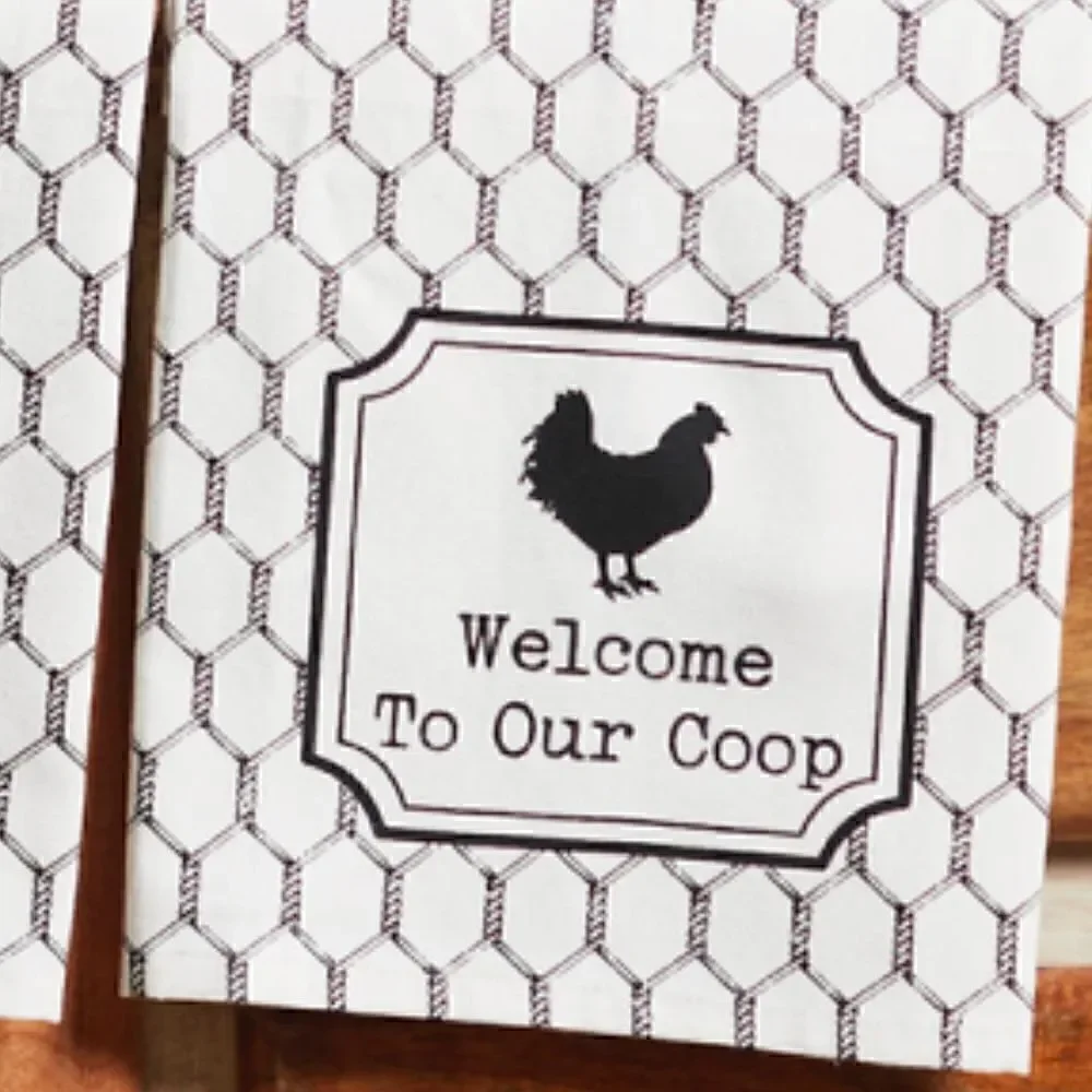 NEW! Farmhouse Set of 3 Cotton Kitchen Towels Chicken Eggs Rooster Wire Country